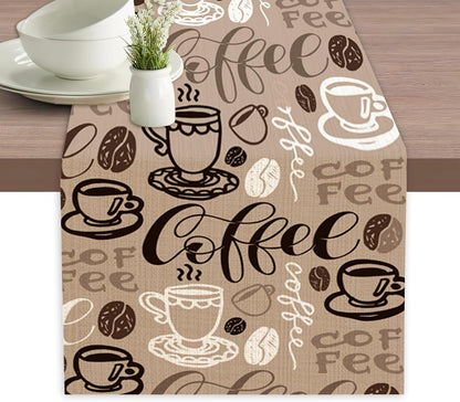 Retro Coffee Cup Table Runner Linen Long Farmhouse Rustic Tablerunner for Party Holiday Dining Room /Kitchen,13 X 70 Inches1