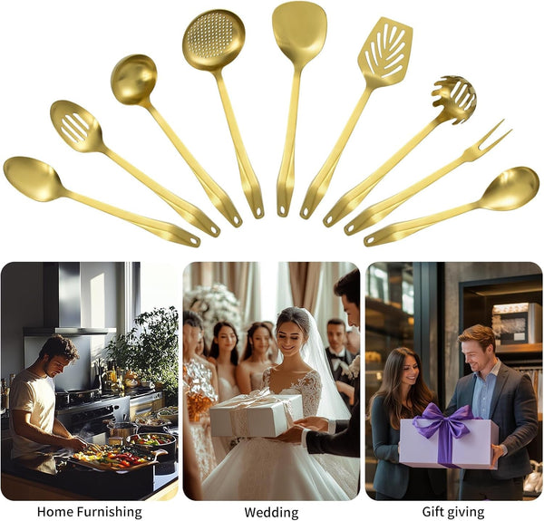 304 Stainless Steel Kitchen Utensil Set - 9Pcs Cooking Utensils, Metal Kitchen Utensil Spatula Sets Cookware,High Temperature Resistance Kitchen Tool Set for Hanging Dishwasher Safe（Gold）8