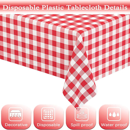 2 Pack Red Gingham Tablecloth Rectangular Red and White Checkered Tablecloths Disposable Plastic Red Plaid Table Cover for Parties, Christmas, Outdoor Picnic, Birthday, Wedding, Camping 54 × 1083