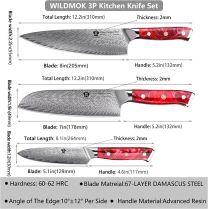 Damascus Kitchen Knife Sets 3 PCS, Razor Sharp Kitchen Knives Made of Japanese Damascus Steel, Well-Balanced Damascus Chef Knife Set with Premium Resin Full Tang Handle Triple Rivet Gift Box7