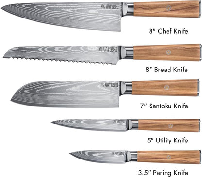 Magnetic Kitchen Knife Block Set - Japanese 67 Layer High-Grade VG-10 Steel Knives, Sharp, Professional Kitchen Knife Set - Damascus (6 Pieces), Olive Wood Handles2