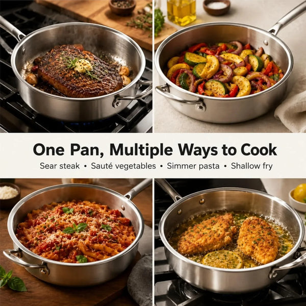 11 Inch Tri-Ply Stainless Steel Saute Pan with Glass Lid, 4.7 QT Deep Skillet for 3–4 Servings, 18/10 304 Interior, Induction Compatible, Oven & Dishwasher Safe4
