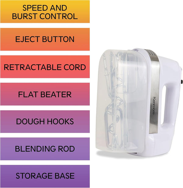 Kenmore 5-Speed Hand Mixer/Blender, 250 Watts, with Beaters, Dough Hooks, Liquid Blending Rod, Automatic Cord Retract, Burst Control, and Clip-On Accessory Storage4