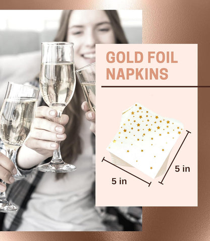 100 PK Gold Napkins - 4 Assorted Designs - 3-Ply Cocktail Napkins Folded 5 X 5 Inches Bar Napkins Disposable Party Napkins Paper Napkins Dinner for Wedding Baby Shower Birthday Graduation 20233