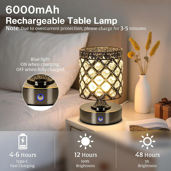 Black Small Crystal Rechargeable Cordless Table Lamps Set of 23