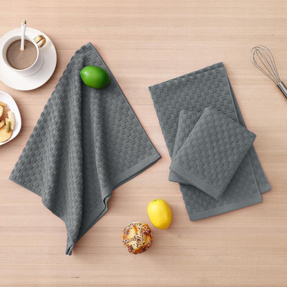 8 Pack 100% Cotton Kitchen Towels and Dishcloths Set, Dark Grey8