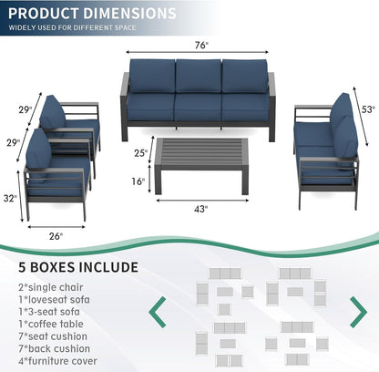 Aluminum Patio Furniture, 8 Pieces Metal Outdoor Furniture Set, Modern Patio Sofa Sets Outdoor Sectional for Pool, Garden, Dark Grey&Blue (Included Waterproof Covers)5
