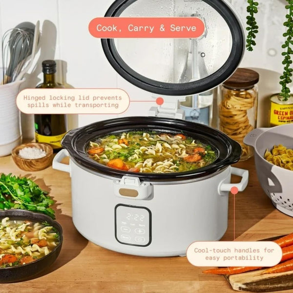 Wonderful 4 Qt Digital Slow Cooker Electric Cooker Pot with Automatic Warm & Hinged Locking Lid, Non-Skid Feet, Cook and Carry Kitchen Appliances (White)2