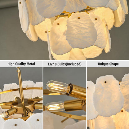 23" Alabaster round Chandelier, 2-Tiers Natural Brass Alabaster Chandeliers, Luxury Modern White Marble Chandeliers for Living Room, Dining Room, Bedroom, Foyer, Entryway, Bathroom, Kitchen6