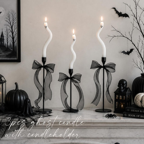 Halloween Decorations Indoor-3Pcs Twisting Ghost Candles Decor with Candle Holders,Ribbons,Vintage Candlestick Holders Decoration,Halloween Centerpieces for Party Table Fireplace Decorations1
