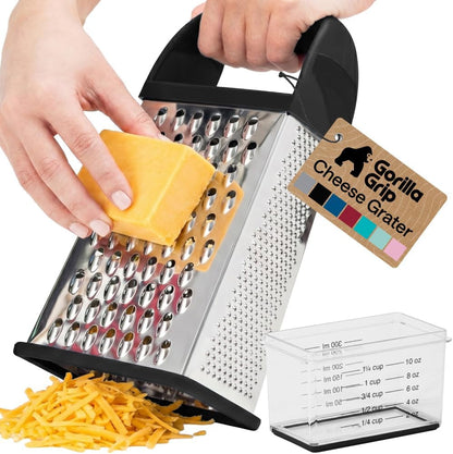 GORILLA GRIP® XL 4-Sided Stainless Steel Cheese Grater with Measurement Container, Bpa-Free Box Grater, Slip Resistant Base, Grate Hard Parmesan, Shred Veggies, Zest Citrus, Dishwasher Safe, Black1