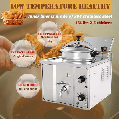 16L Electric Countertop Pressure Fryer 304 Stainless Commercial Electric Countertop Pressure Fryer Chicken Fish Pressure Fryer Machine with Large Oil Tank for Restaurant Snack Shop,2