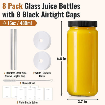 8 PACK 16OZ Glass Juice Bottles with 8 Sealed Lids & 2 Straw Lids & Straws | Food Grade Thick Glass, Freezable, Airtight Juicer Container, Travel Juicing Jars, Drinking Water Cups for Tea, Smoothies2