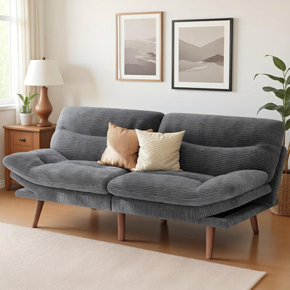 66.02" Futon Sofa Bed, Convertible Corduroy Futon Couch with Adjustable Backrest & Armrests, Small Sleeper Sofa Loveseat for Living Room, Apartment, Office, Grey1
