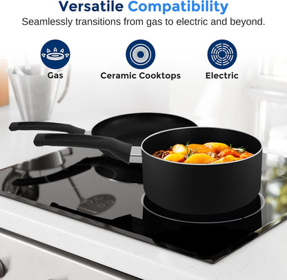 Kitchenware Pots & Pans Basic Kitchen Cookware, Black Non-Stick Coating Inside, Heat Resistant Lacquer (11-Piece Set), One Size, Black6