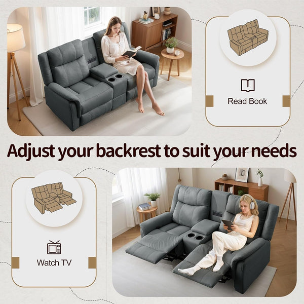 Loveseat Recliner Sofa, Reclining Loveseat Couch, Reclining Couch with Console, USB Port, US Outlets, and Cup Holders, 2-Seater Sofa for Living Room3