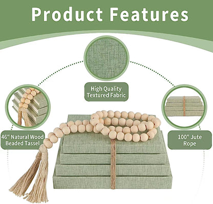 Linen Decorative Books for Home with Wood Beaded Tassel, 4-Piece Sage Set | Coffee Table Books, Neutral Linen Decor, Rustic Farmhouse Boho Accent, Bookshelf Fireplace Mantel Living Room Display6
