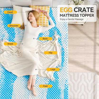 2 Inch Egg Crate Memory Foam Mattress Topper Twin Size, Soft Mattress Pad for Back Pain Relief, Bed Topper, Certipur-Us Certified, Blue2