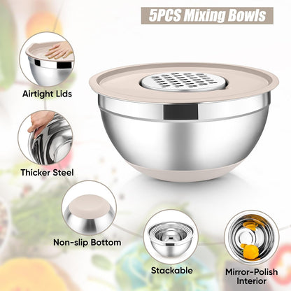 Stainless Steel Mixing Bowls with Lids Set, 5-Piece, Khaki3