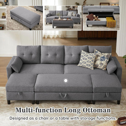 101" Convertible Sectional Sofa with Ottoman Coffee Table, Modern Linen Fabric U-Shaped Couch with Storage Pocket, 4 Seat Sofa Couches for Living Room, Apartment, Office, Lightgrey4
