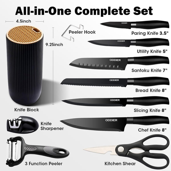 Knife Set, 10 Piece Kitchen Knife Set with Block and Sharpener, Anti-Rust Stainless Steel Knives Set for Kitchen, Chef Universal Knife Block Set, Dishwasher Safe, Ergonomical Design, Black2