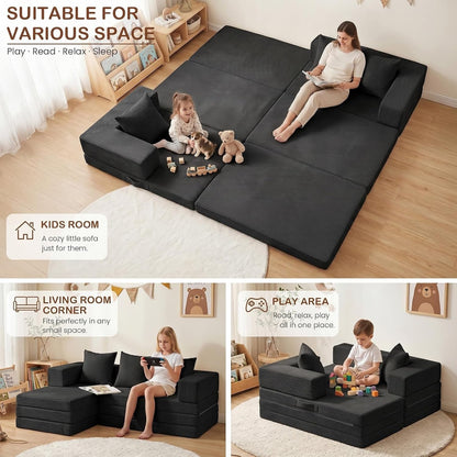 Boneless Couch, L Shaped Couch with Chaise, 5-In-1 Comfy Corduroy Fluffy Sofas, Mini Flexible Module Combination Compact Room Couch, No Assembly, Black4