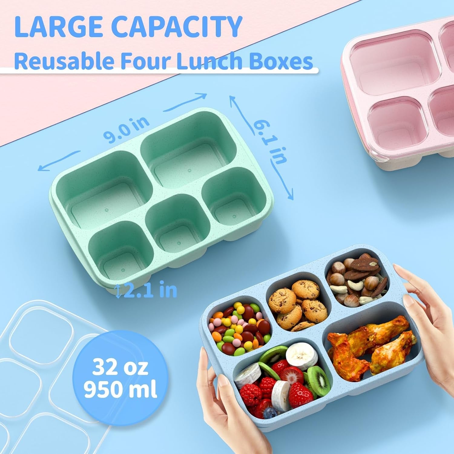 bento-box-adult-lunch-box-4-pack-5-compartment-meal-prep-container-for-kids-reusable-food-storage-snack-containers-stackable-for-school-work-and-travel-wheatgreen-blue-pink-beige