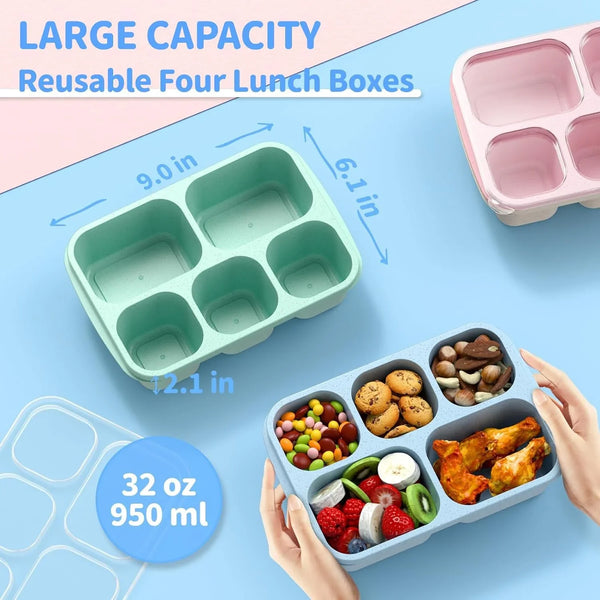 Bento Box Adult Lunch Box - 4 Pack, 5 - Compartment Meal Prep Container for Kids, Reusable Food Storage Snack Containers - Stackable for School, Work, and Travel (Wheat(Green/Blue/Pink/Beige))2