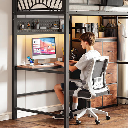 Twin Loft Bed with Desk and 6 Storage Drawers, Metal Twin Size Loft Beds with Charging Station, RGB LED Lights, and Pegboard & Hanging Rod for Kids, Teenager (Black)3
