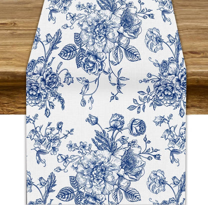 Floral Table Runner,Blue Flower Table Decoration Chinoiserie Dinner Table Decoration for Home Living Room Kitchen Dining Room Party Indoor Outdoor 13X36In1