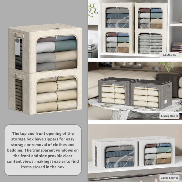 4 Pack Clothes Storage Bins with Metal Frame - 22L Stackable Storage Box with Lid，Foldable Storage Container Organizer for Clothes，Linen Fabric Storage Box with Clear Window＆Zippers＆Handles2
