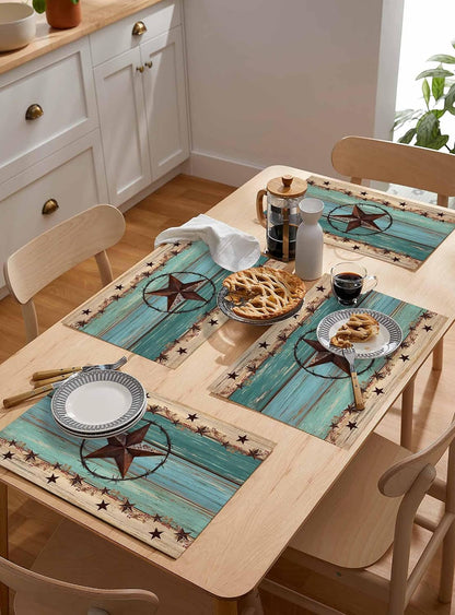 Western Texas Star Placemats Set of 6 Retro Turquoise Wooden Rustic Farmhouse 13X19 Inch Washable Non Slip Linen Table Mats, Rustic Summer Placemats for Dining Table Party Kitchen Decor5