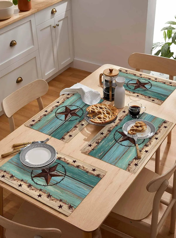 Western Texas Star Placemats Set of 6 Retro Turquoise Wooden Rustic Farmhouse 13X19 Inch Washable Non Slip Linen Table Mats, Rustic Summer Placemats for Dining Table Party Kitchen Decor5