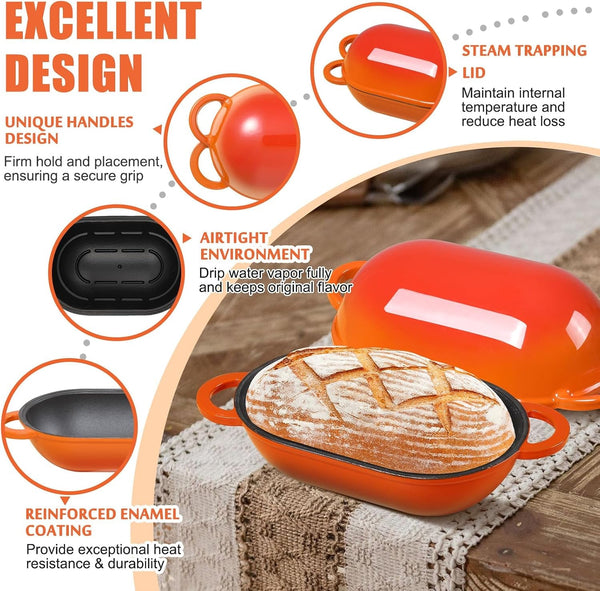 2.5 QT Enameled Cast Iron Sourdough Bread Oven, Loaf Pan with Lid | Oval Dutch Oven for Homemade Sourdough Bread Baking, Oven Safe up to 500°F, Meatloaf Pan with Dome Lid, Orange7