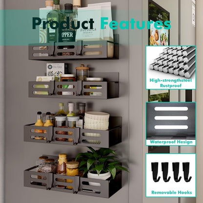 4 Pack Magnetic Spice Rack for Refrigerator, Black Magnetic Shelf and Fridge Kitchen Storage Cabinet Organizers Seasoning Organization Mini Shelves, Organizadores De Cocina4