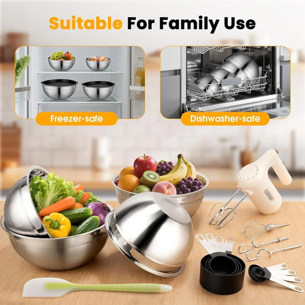 5-Speed Hand Mixer Electric with 4 Mixing Bowls Set | 300W Lightweight Kitchen Handheld Mixer with Measuring Cups & Spoons, Stainless Steel Bowls, Baking Supplies for Cake, Cream3