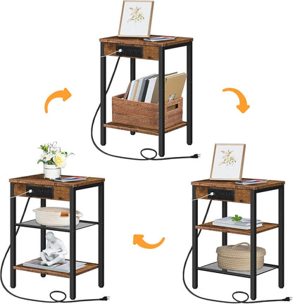 Side Table with Charging Station and USB Port, Small End Table for Small Space, 3-Tier Nightstand with Adjustable Shelf, for Living Room, Bedroom, Rustic Brown BF112BZ019