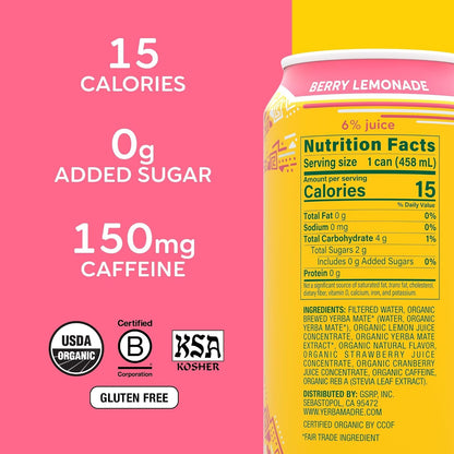 Yerba Madre Organic Yerba Mate, Low Sugar Berry Lemonade, 150Mg Natural Caffeine, Energy Drink Alternative, No Jitters or Crash, 15.5 Oz (Pack of 12)2