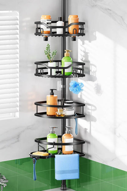 Shower Caddy Tension Pole: Rustproof Quick Install Standing Corner Bathroom Organizer Shelf on Floor for Renters - 4-Tier Large Capacity Storage Rack with Soap Holder for Apartment -Black1