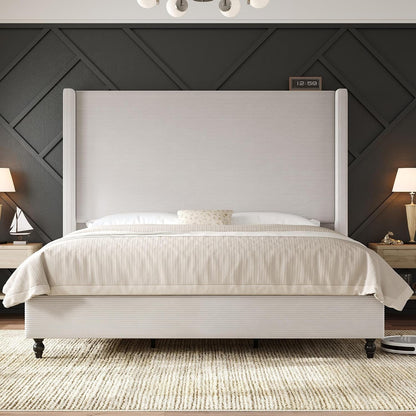 Queen Upholstered Bed Frame with 63" Headboard & Wingback, Cream3