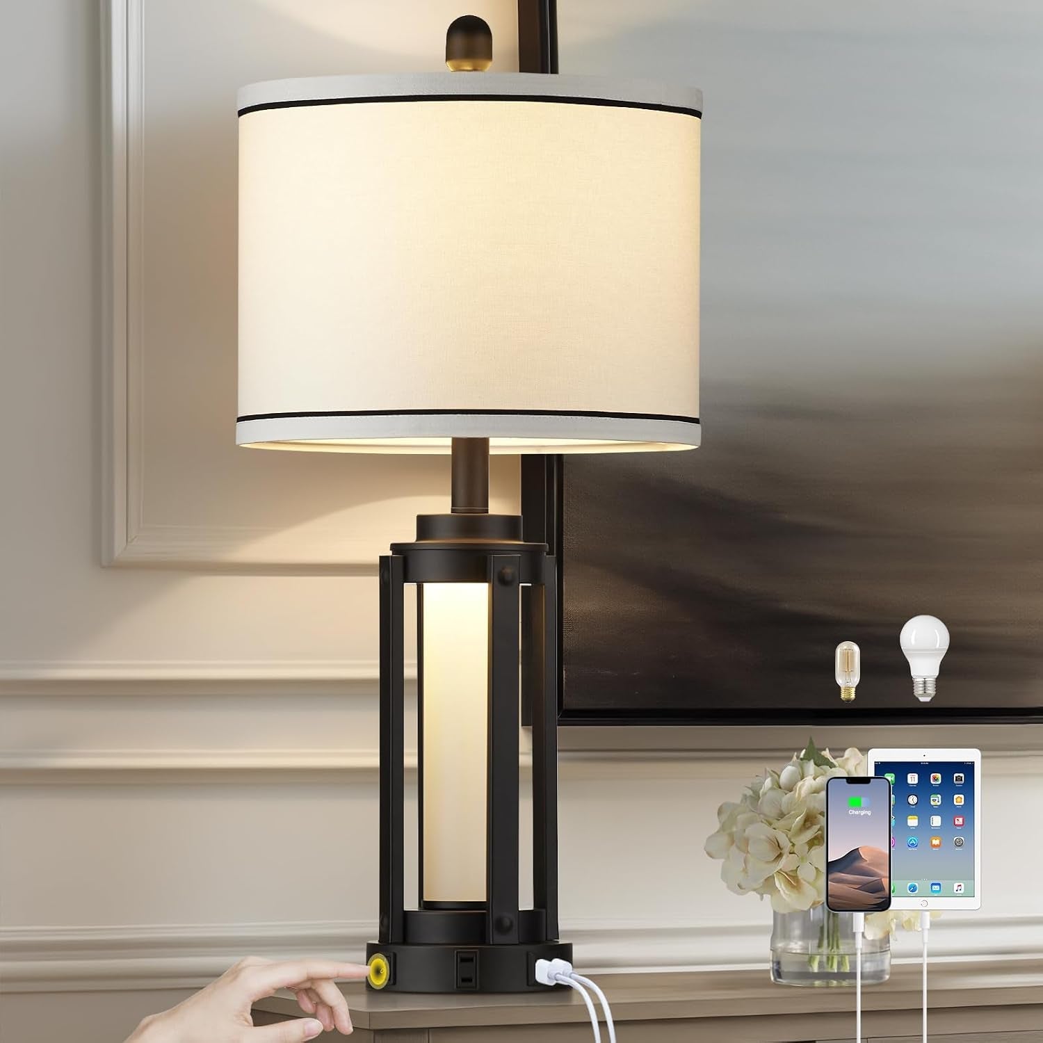 26-modern-table-lamp-with-usb-a-c-charging-ports-ac-outlet-industrial-beside-contemporary-lamp-glass-led-night-light-for-living-room-bedroom-nightstand-end-table-single-black2-bulbs-included