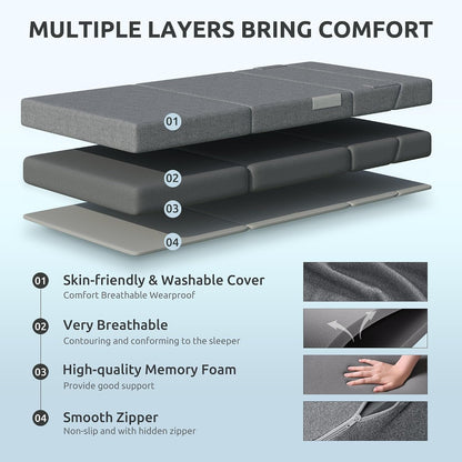 Folding Sofa Bed Queen, 6 Inches Foam Floor Sofa and Folding Mattress with Washable Cover, Fold Out Couch for Guests, Camping and Travel, Dark Gray, 80" X 60" X 6"4
