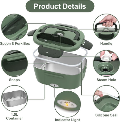 Electric Lunch Box for Adults, 80W Heated Lunch Box Portable Food Warmer Lunch Box for Work/Men/Car/Truck with 1.5L 304 Stainless Steel Container Fork & Spoon, 110V/12V/24V5