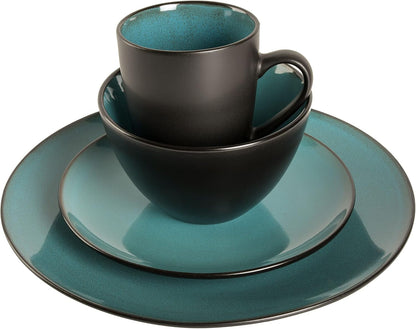Soho Lounge 16-Piece round Reactive Glaze Stoneware Dinnerware Set, Service for 4 – Teal Plates and Bowls3