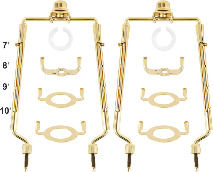 2 Pack  7 8 9 10 Inch Lamp Shade Harp Holder,Adjustable Lamp Harp Kit,Fit 3/8 IP Standard,E14,E26,E27 Light Base UNO Fitter Adapter,Golden Horn Frame Lampshade Bracket (Golden)