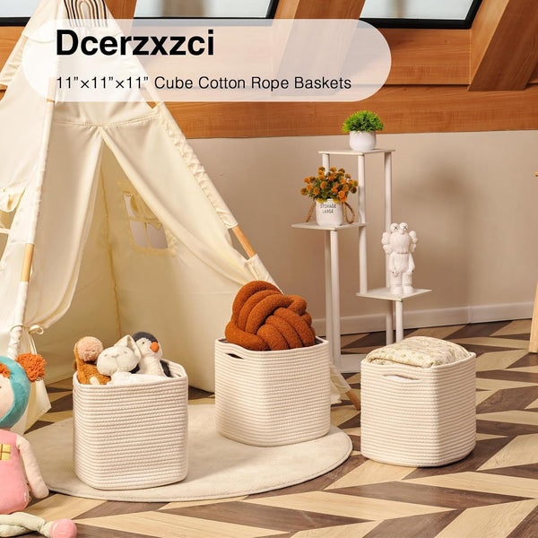 11 Inch Cube Storage Bins, Woven Cotton Rope Basket off White6