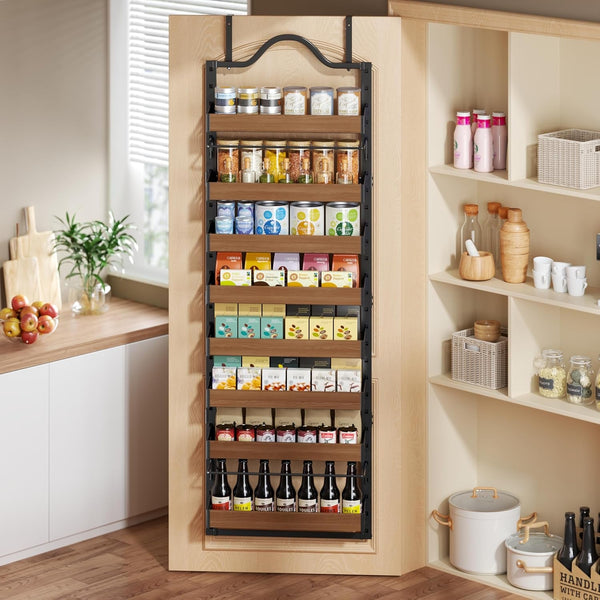 8-Tier Pantry Door Organizer, over the Door Pantry Organizer with Wooden Adjustable Baskets, 2 in 1 Spice Rack Wall Mount or Door Organizer, Door Spice Rack for Pantry（72.6×17.1×5.1In,Black)6