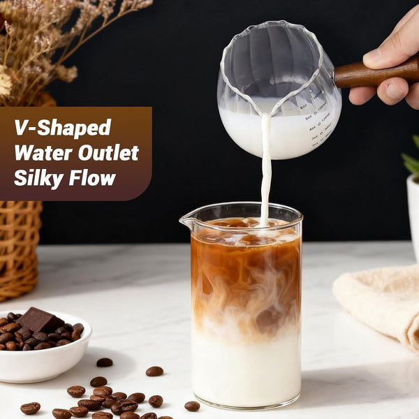 Espresso Cups 6 Oz, Espresso Measuring Cup with Wood Handle, Milk Frothing Cup, Glass Measuring Cup for Coffee, Milk, Tea or Maple Syrup Serving3