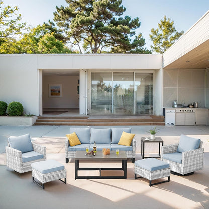 7 Piece Outdoor Furniture Patio Wicker Sofa Set, Oversize Outdoor Swivel Rocker Chairs with Rattan Ottomans, Conversation Sets Patio Furniture Come with Removable Cushion Baby Blue, Light Grey3