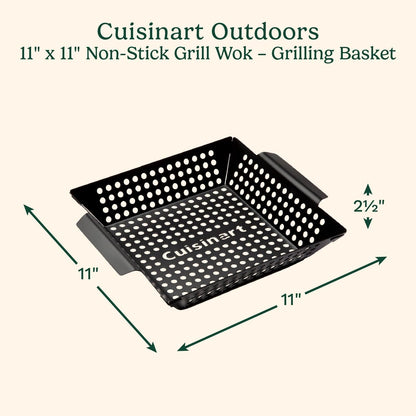 11" X 11" Non-Stick Grill Wok, Perforated BBQ Grill Basket for Grilling Veggies, Meat & Stir-Fry, Outdoor Grilling Basket for Charcoal and Gas Grills2